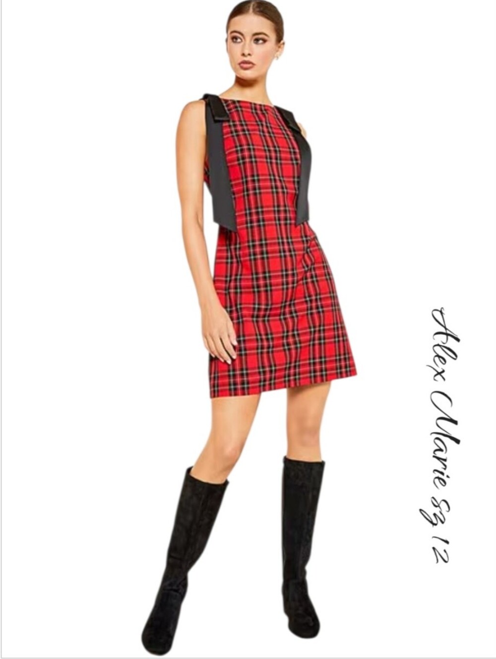 Alex Marie Eloise Plaid Tartan Bow Dress Red Black Sleeveless Mini Stretch 12